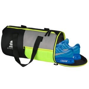 Amazon Brand – Symactive Polyester Gym Duffle Bag | Water Resistant | Travel/Gym Bag | 22 L | Medium | Length 47 Cm | Unisex | Black-Green