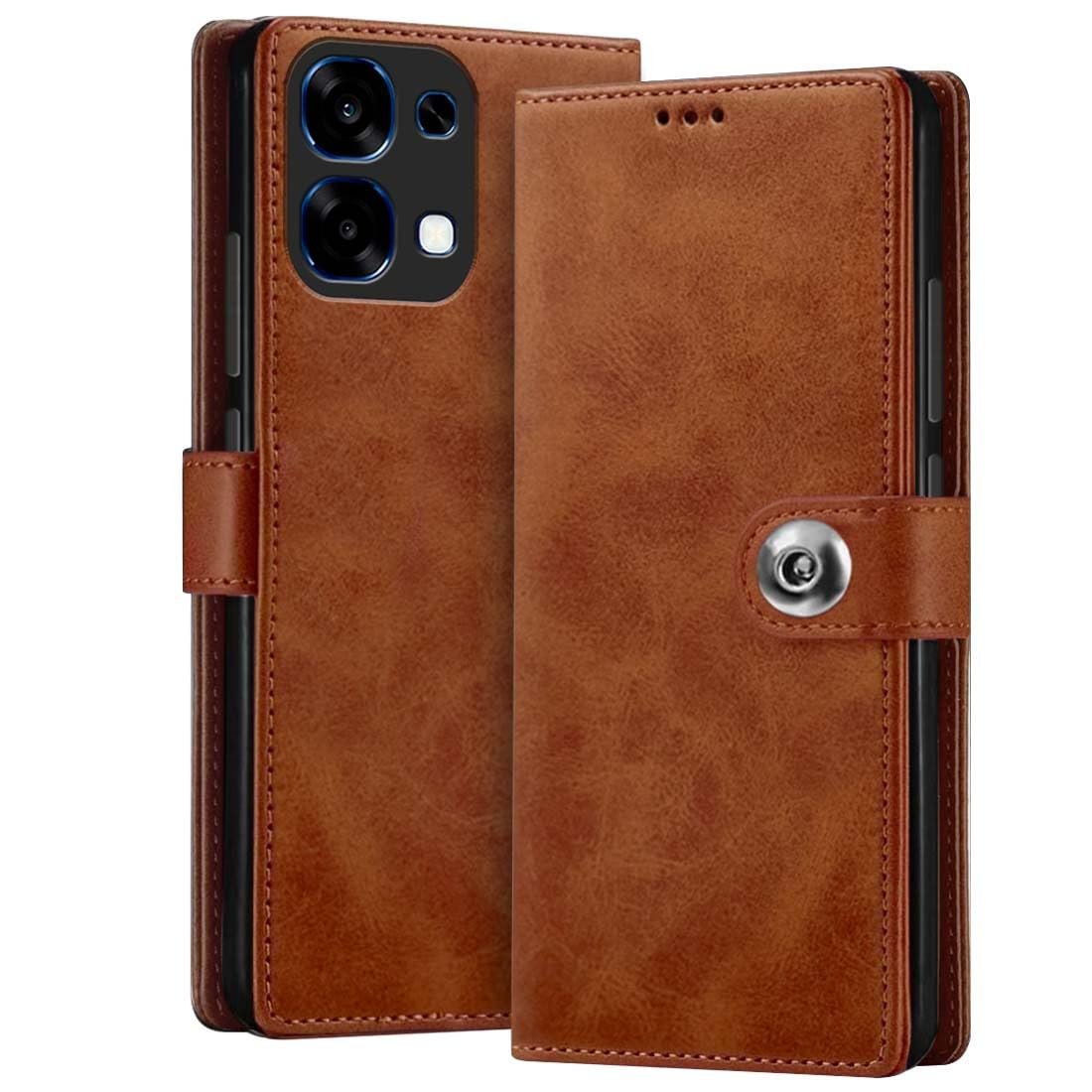 Flip Back Case for Oppo F31 5G | Genuine Leather Finish | Designer Button | Inbuilt Pockets & Stand | Flip Cover Back Case for Oppo F31 5G (Brown)