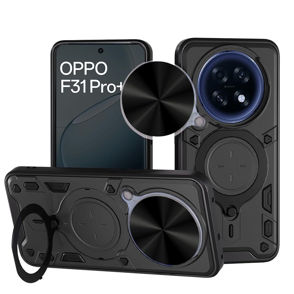 Armor Oppo F31 Pro Plus 5G Bumper Back Case Cover | Ring Holder & CD Pattern Sliding Camera Shutter Cover | Back Case Cover for Oppo F31 Pro Plus 5G (Black)