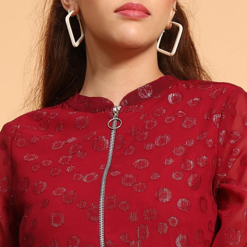 Women Round Neck Long Sleeve Zip Lined Lace Detail Jacket - Image 6