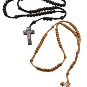 2 Pcs Rosary Catholic, Rosary Necklace for Men and Women, Wooden Prayer Beads with Cross Pendant, Religious Jewelry for Daily Prayer and Spiritual Gift