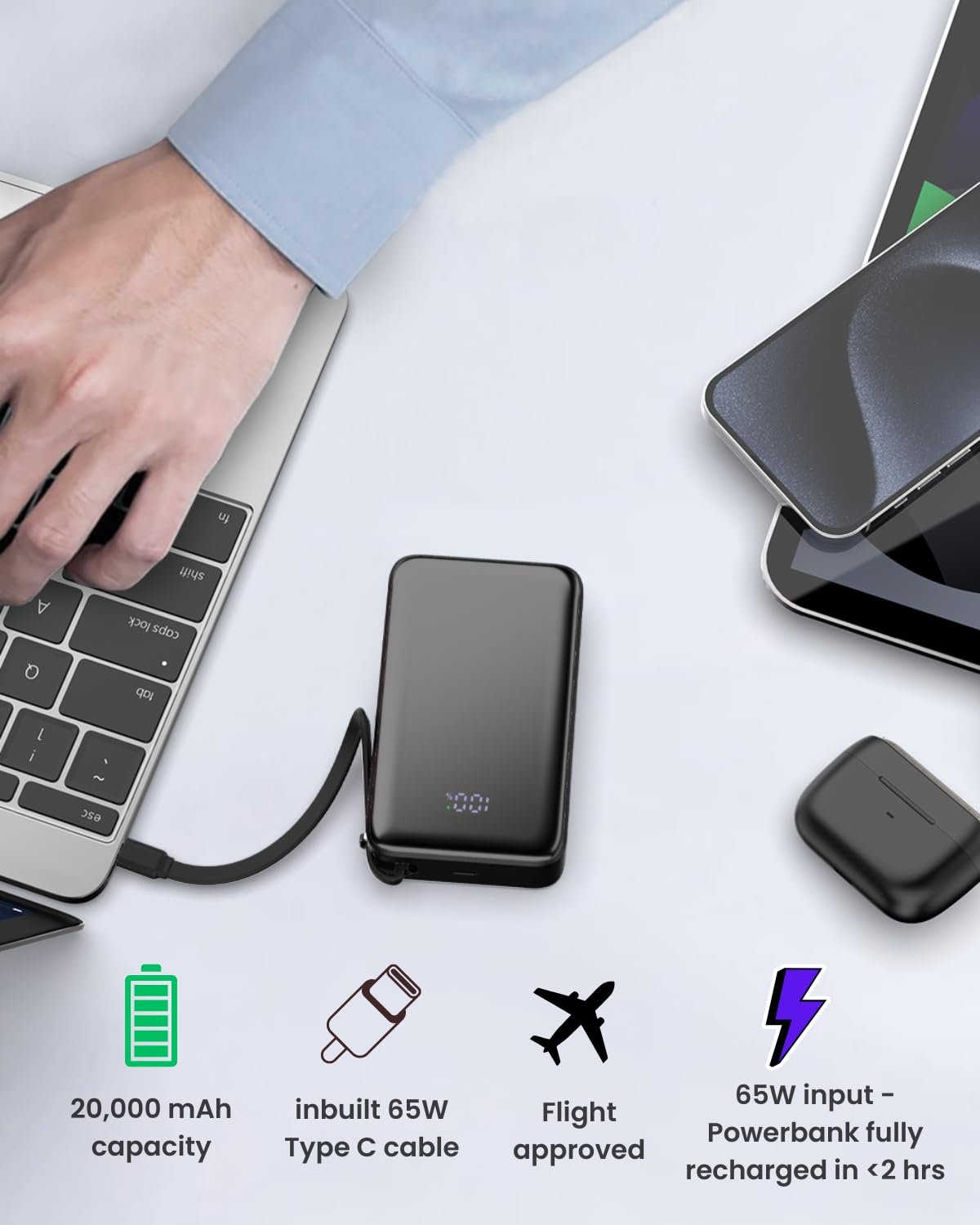 SEVENAIRE 65W 20000mAh Laptop Powerbank, with Built-in 65W Type-C Cable| Supports PPS & Super Fast Charging 2.0, Charges MacBook air 0-100%, Charges Dell, Lenovo,HP, asus,iPhones,Samsung,Pixel (LP65) - Image 3