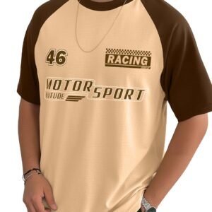 LEOTUDE Half Raglan Sleeve Cottonblend Font Print Round Neck Drop Shoulder Font Print Oversizeded Men’s T-Shirt (Color Beige)
