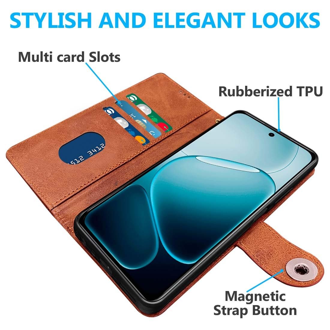 Flip Back Case for Oppo F31 5G | Genuine Leather Finish | Designer Button | Inbuilt Pockets & Stand | Flip Cover Back Case for Oppo F31 5G (Brown) - Image 3