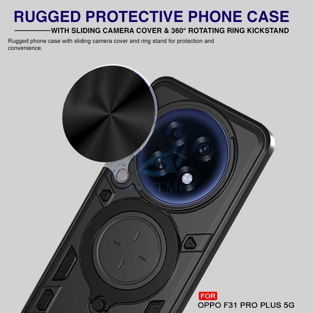 Armor Oppo F31 Pro Plus 5G Bumper Back Case Cover | Ring Holder & CD Pattern Sliding Camera Shutter Cover | Back Case Cover for Oppo F31 Pro Plus 5G (Black) - Image 4