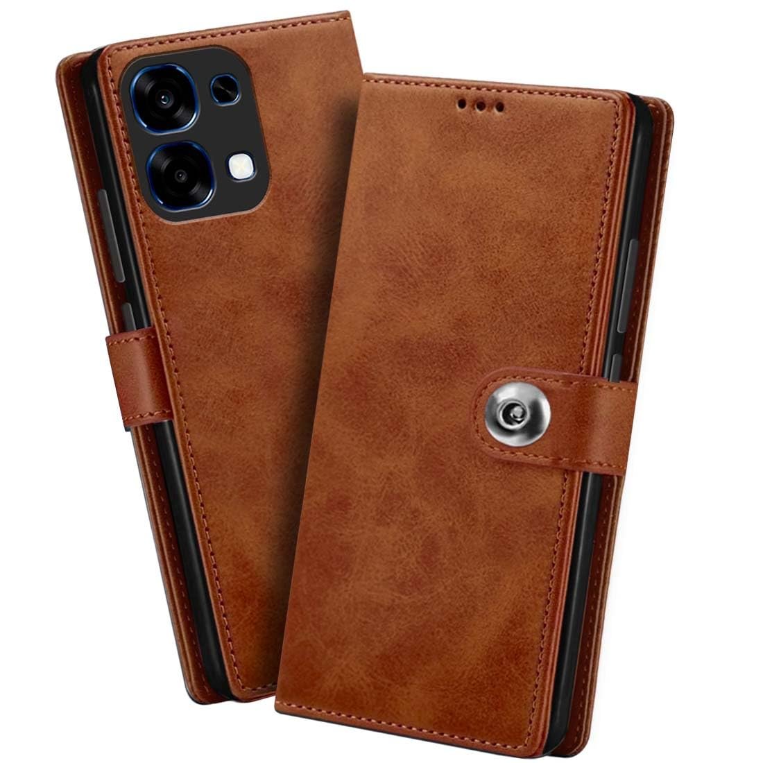 Flip Back Case for Oppo F31 5G | Genuine Leather Finish | Designer Button | Inbuilt Pockets & Stand | Flip Cover Back Case for Oppo F31 5G (Brown) - Image 2
