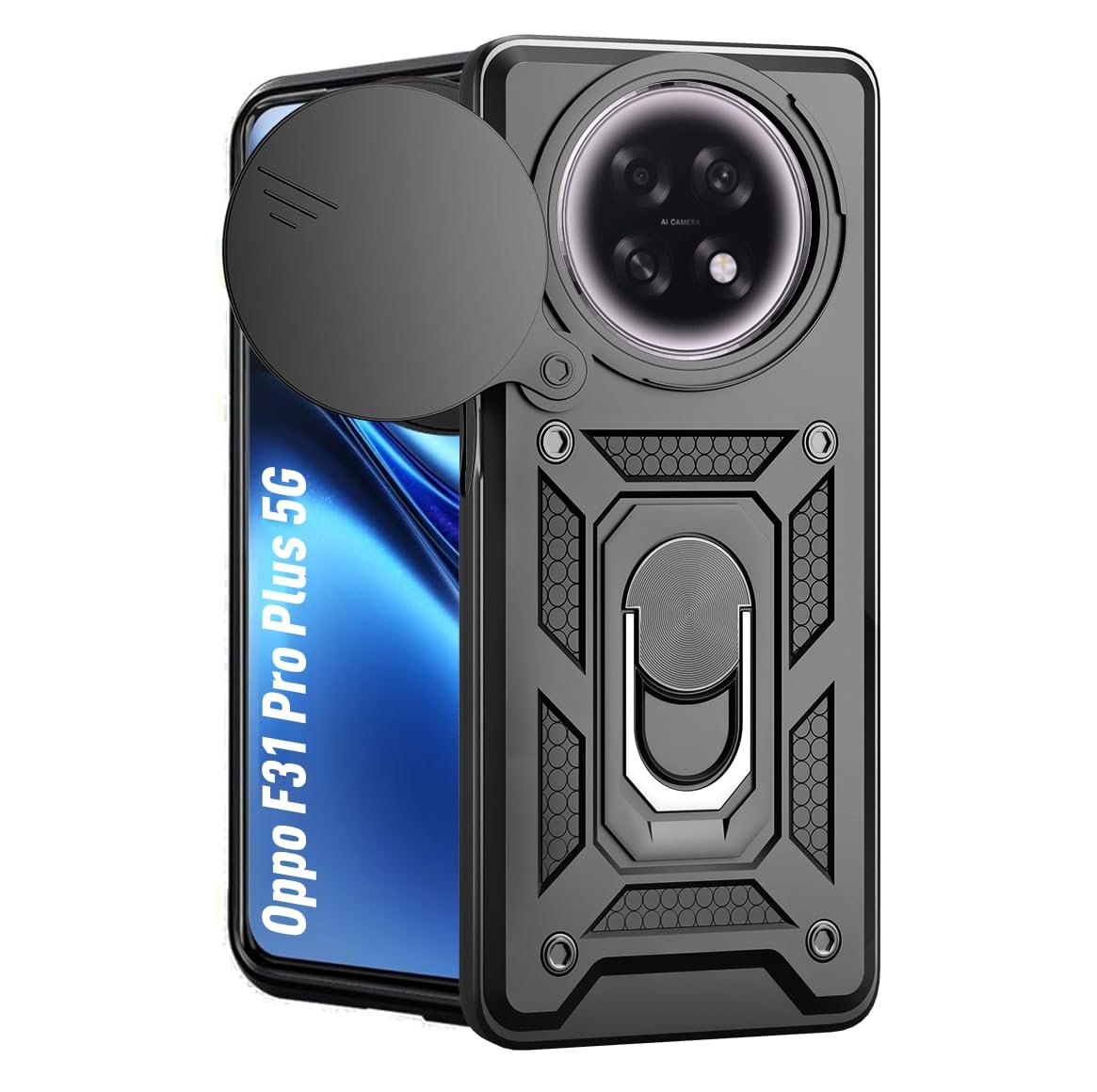 Tough Armor Bumper Back Cover Case for Oppo F31 Pro Plus 5G | Sliding Camera Cover, Kickstand & Ring Holder 360 Degree Protection Back Cover Case for Oppo F31 Pro Plus 5G - Black