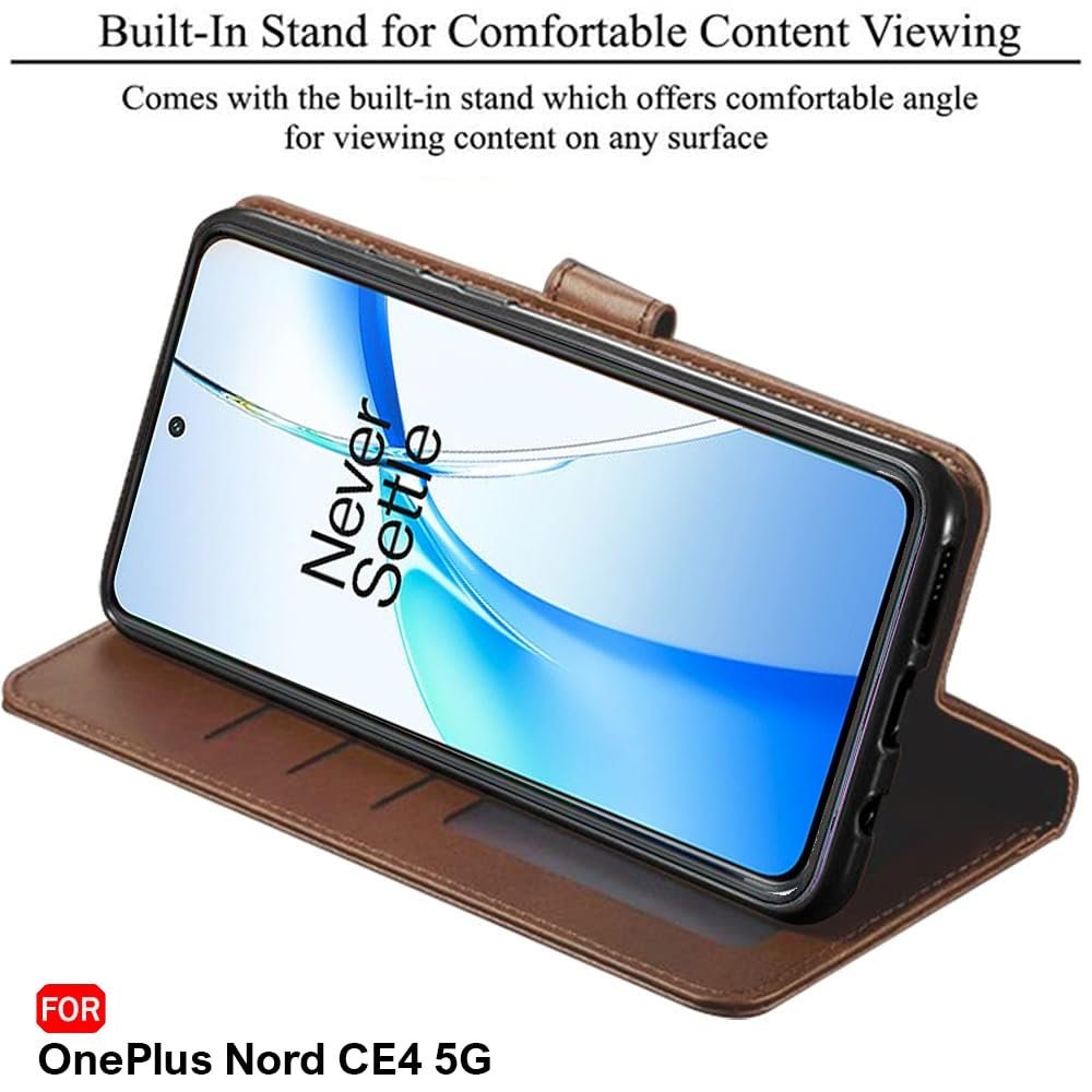 TheGiftKart Genuine Leather Finish Flip Back Cover Case for OnePlus Nord CE 4 5G | Inbuilt Pockets & Stand | Wallet Style | Designer Button | Flip Back Cover for OnePlus Nord CE4 (Faux Leather, Brown) - Image 4