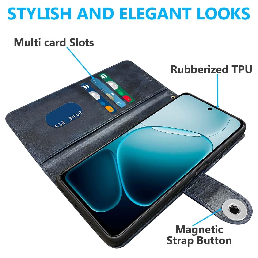 Fashionury Flip Back Case for Oppo F31 5G | Designer Button | Genuine Leather Finish | Inbuilt Pockets & Stand | Flip Cover Back Case for Oppo F31 5G (Blue) - Image 2