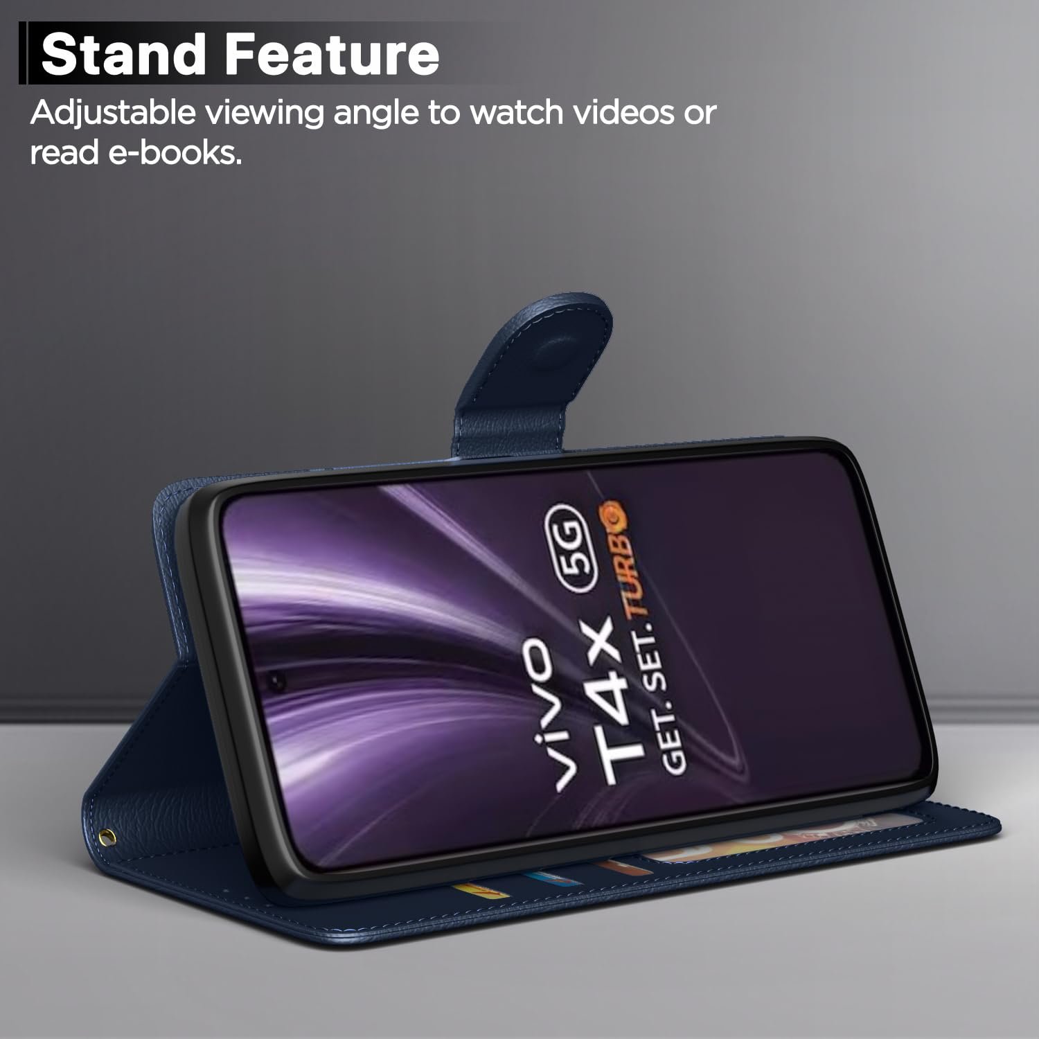 Amazon basics Flip Cover for Vivo T4x 5G / iQoo Z10x 5G Leather Finish | Wallet Stand and Shock Proof | Inside TPU with Card Pockets | Complete Protection Flip Case(Blue) - Image 2