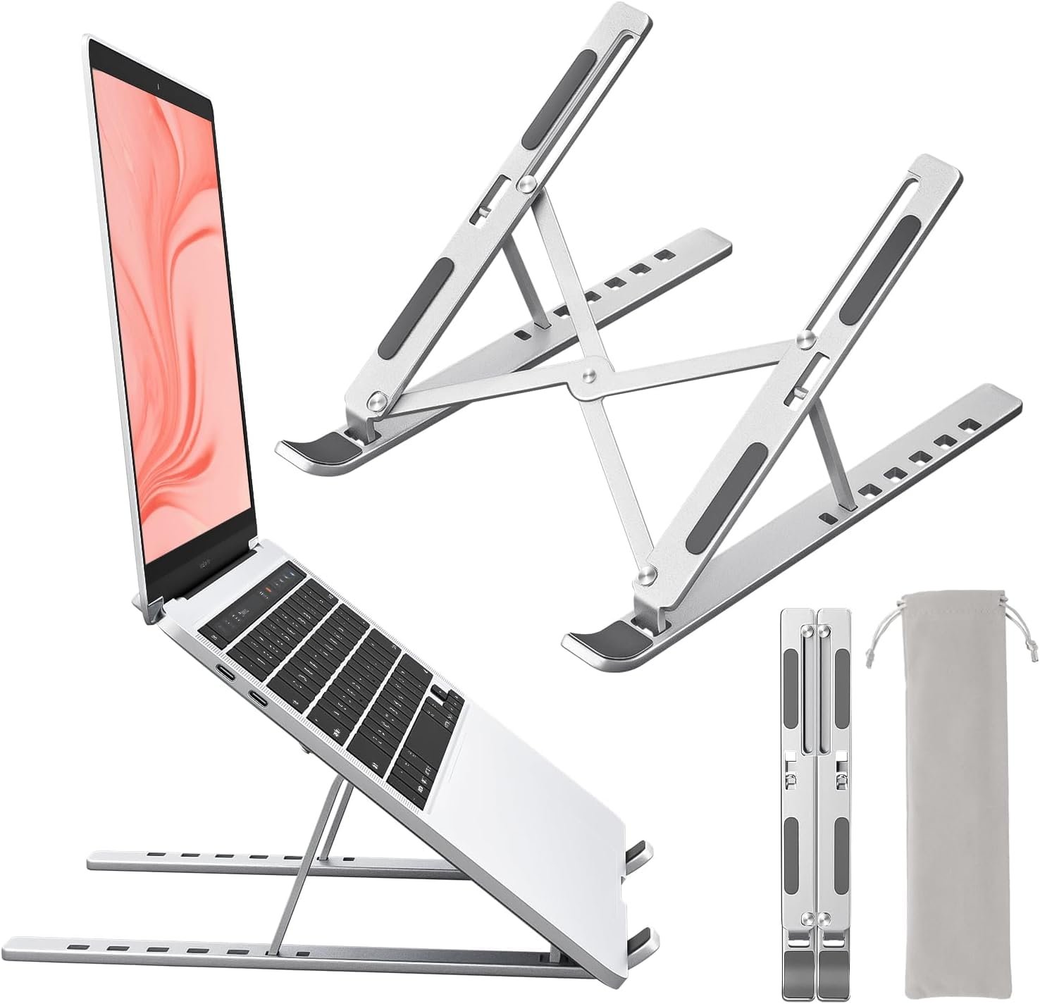 6 Angles Adjustable Aluminum Foldable Portable Tabletop Laptop/Desktop Riser Stand Holder Compatible for MacBook, HP, Dell, Lenovo & All Other Notebook (Silver)