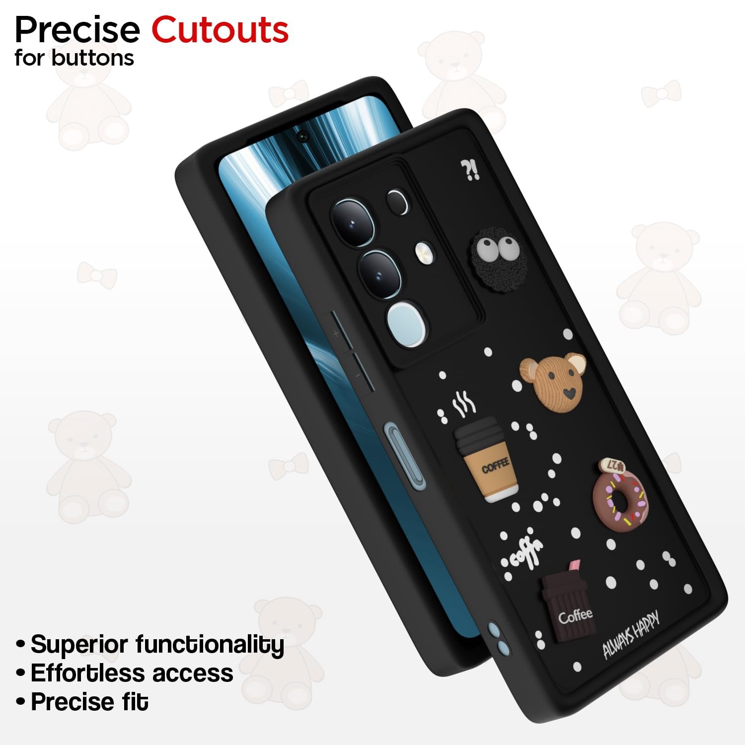 Pikkme Back Cover for Vivo T4x 5G / iQoo Z10x 5G / Vivo Y31 Pro 5G | Cute Fun Cartoon 3D Bear Silicone Full Body Protection Bumper Case (Black) - Image 6