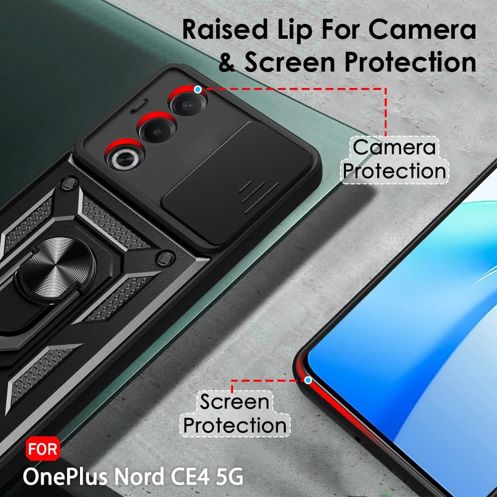 TheGiftKart Tough Armor Bumper Back Cover Case for OnePlus Nord CE 4 5G | Kickstand & Ring Holder | 360 Degree Protection Back Cover Case for OnePlus Nord CE4 (PC & TPU, Sliding Camera Cover, Black) - Image 3