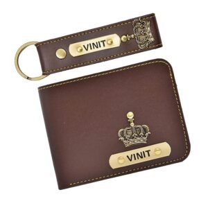 Morons Personalized Combo Name with Charm on Leather Mens Wallet & Keychain – Unique Birthday, Anniversary or Wedding Gift for Husband, Brother Employee or Colleagues [Assorted Color, Pack of 2]