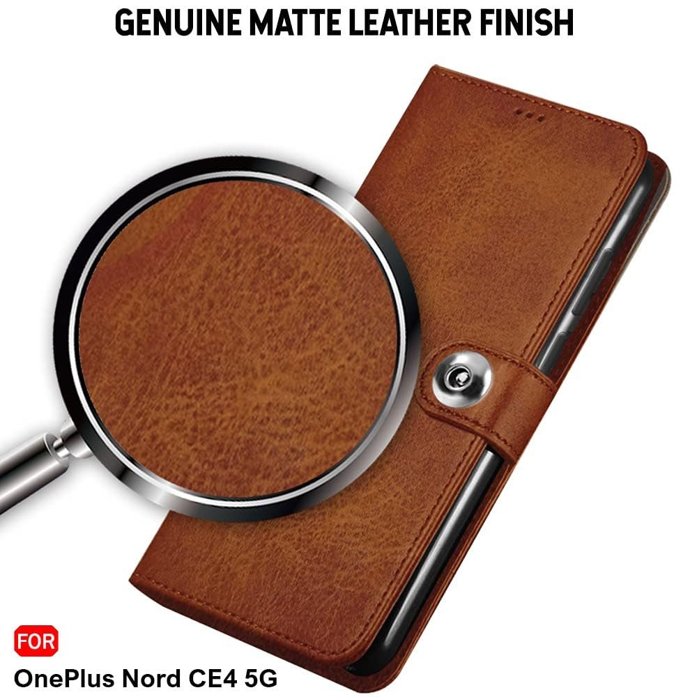 TheGiftKart Genuine Leather Finish Flip Back Cover Case for OnePlus Nord CE 4 5G | Inbuilt Pockets & Stand | Wallet Style | Designer Button | Flip Back Cover for OnePlus Nord CE4 (Faux Leather, Brown) - Image 3