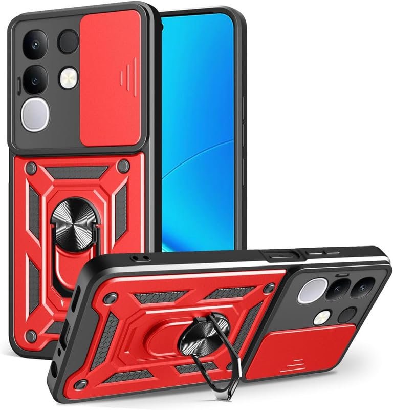 Helix Hard Case Robotic Sliding Camera Window Shockproof Ring Case, Heavy Duty Bumper Case with Kickstand for iQOO Z10x 5G / Vivo T4x 5G / Vivo Y29 4G - Red - Image 2