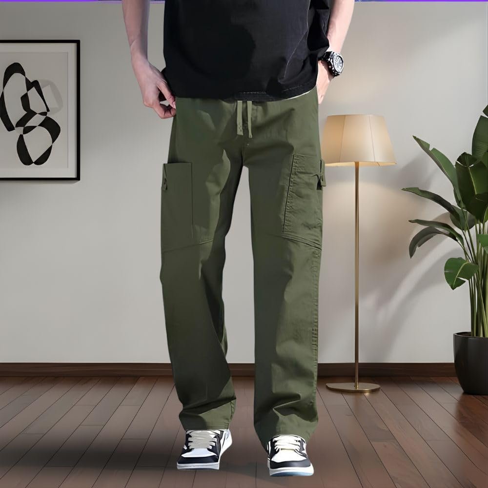 SMOWKLY Men’s Cotton Cargo Pants | Casual Trousers for Men | Comfortable Lower for Men | Breathable Pants with 6 Pockets & Drawstring Elastic Waistband - Image 2