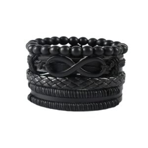 Bracelet for Men,black bracelet,hand accessories,4Pcs Black Adjustable Braided Hand Bands (7-8.5 Inch Wrist, 4 Styles) for Boys & Men, Daily/Travel/Dating/Parties