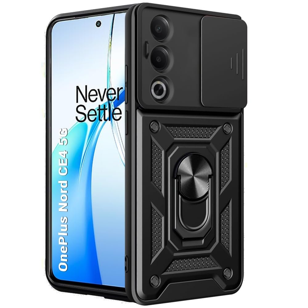TheGiftKart Tough Armor Bumper Back Cover Case for OnePlus Nord CE 4 5G | Kickstand & Ring Holder | 360 Degree Protection Back Cover Case for OnePlus Nord CE4 (PC & TPU, Sliding Camera Cover, Black)