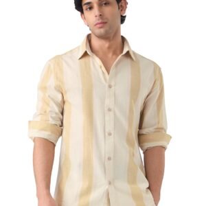 The Souled Store Cotton Linen Stripes: Sunset Men and Boys Long Sleeve Spread Collar Button Front Beige Striped Regular Fit Cotton Linen Shirts