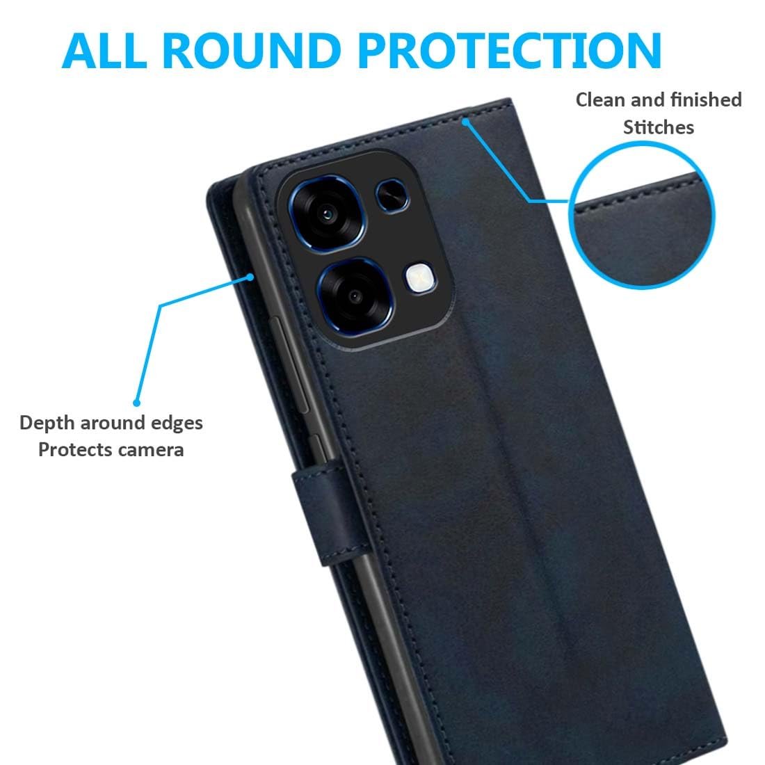 Fashionury Flip Back Case for Oppo F31 5G | Designer Button | Genuine Leather Finish | Inbuilt Pockets & Stand | Flip Cover Back Case for Oppo F31 5G (Blue) - Image 3