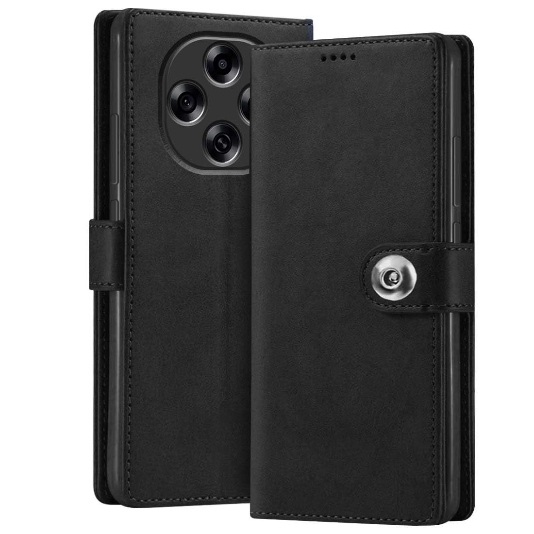 Fashionury Flip Back Case for Oppo F31 Pro 5G | Genuine Leather Finish | Designer Button | Inbuilt Pockets & Stand | Flip Cover Back Case for Oppo F31 Pro 5G (Black)