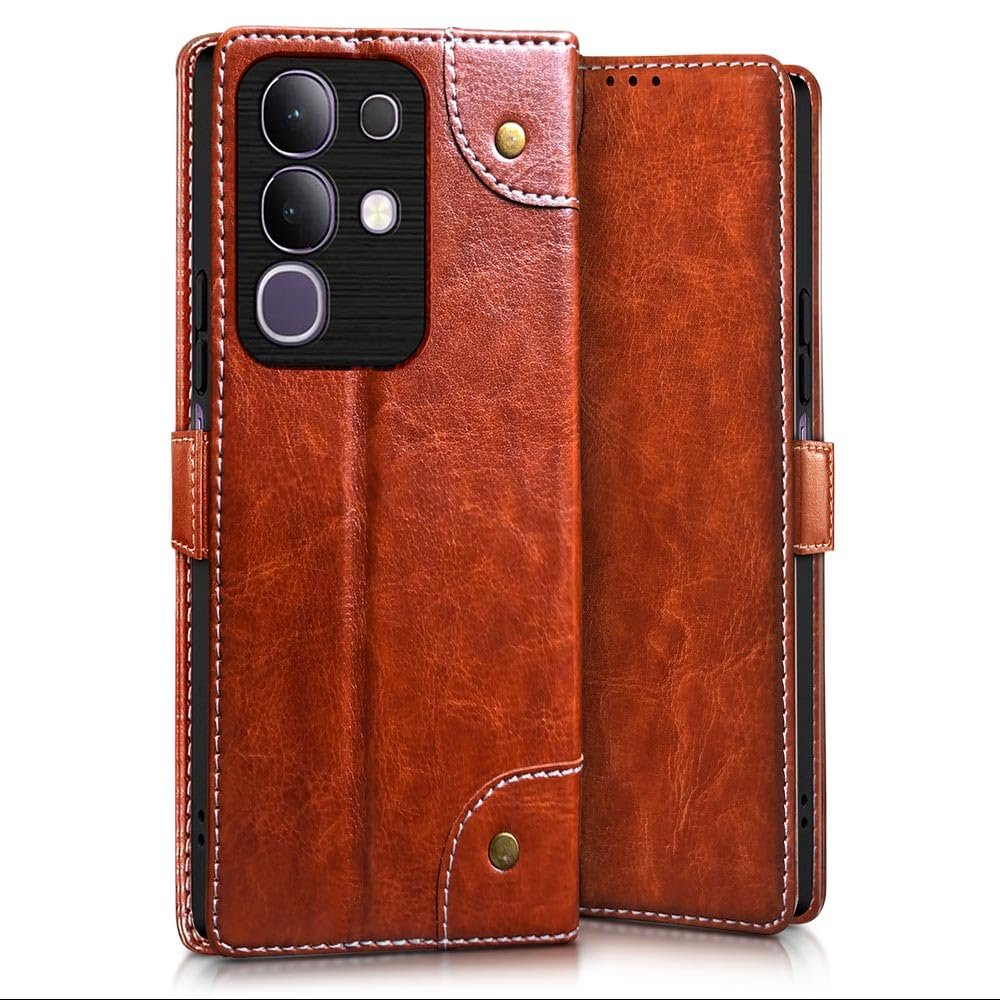 FLIPPED Vegan Leather Metal Garnish Design Flip Case Back Cover for Vivo T4x 5G | iQoo Z10x 5G | Vivo Y31 Pro 5G | Lightweight | Hand-Stitched Finish | Card Pockets Wallet & Stand | Hazel Brown - Image 2