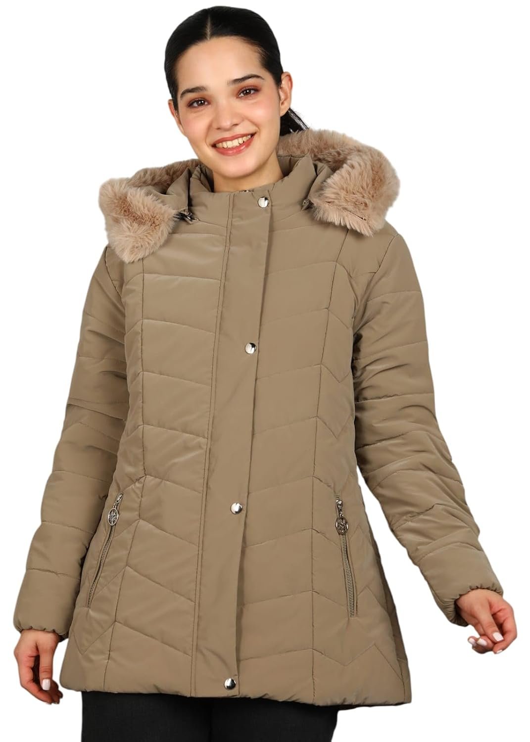 ELLIPSE Women's Winter Jacket with Detachable Hood & Faux Fur | Nylon Puffer Jacket with 3 Pockets | Warm Upto -20°C to 10°C | Regular Length