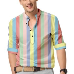 Men’s Striped Mandarin Collar Shirt | Slim Fit | Cotton Blend | Long Sleeve | Stylish Formal, Office & Casual Wear | Trendy Shirt for Men & Boys