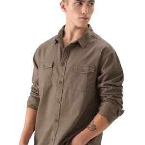 The Souled Store Solids: Brown Men and Boys Long Sleeve Collared Neck Button Front Regular Fit Utility Shirts