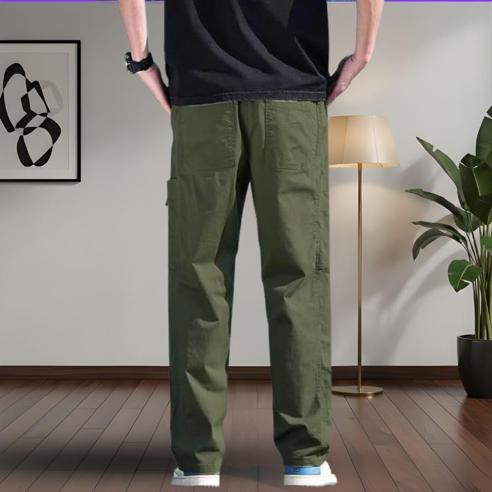 SMOWKLY Men’s Cotton Cargo Pants | Casual Trousers for Men | Comfortable Lower for Men | Breathable Pants with 6 Pockets & Drawstring Elastic Waistband - Image 3