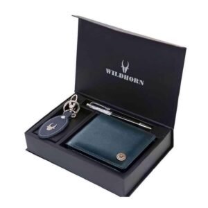 WildHorn Leather Wallet, Keychain & Pen Combo I Gift Hamper for Men (Blue Crunch)