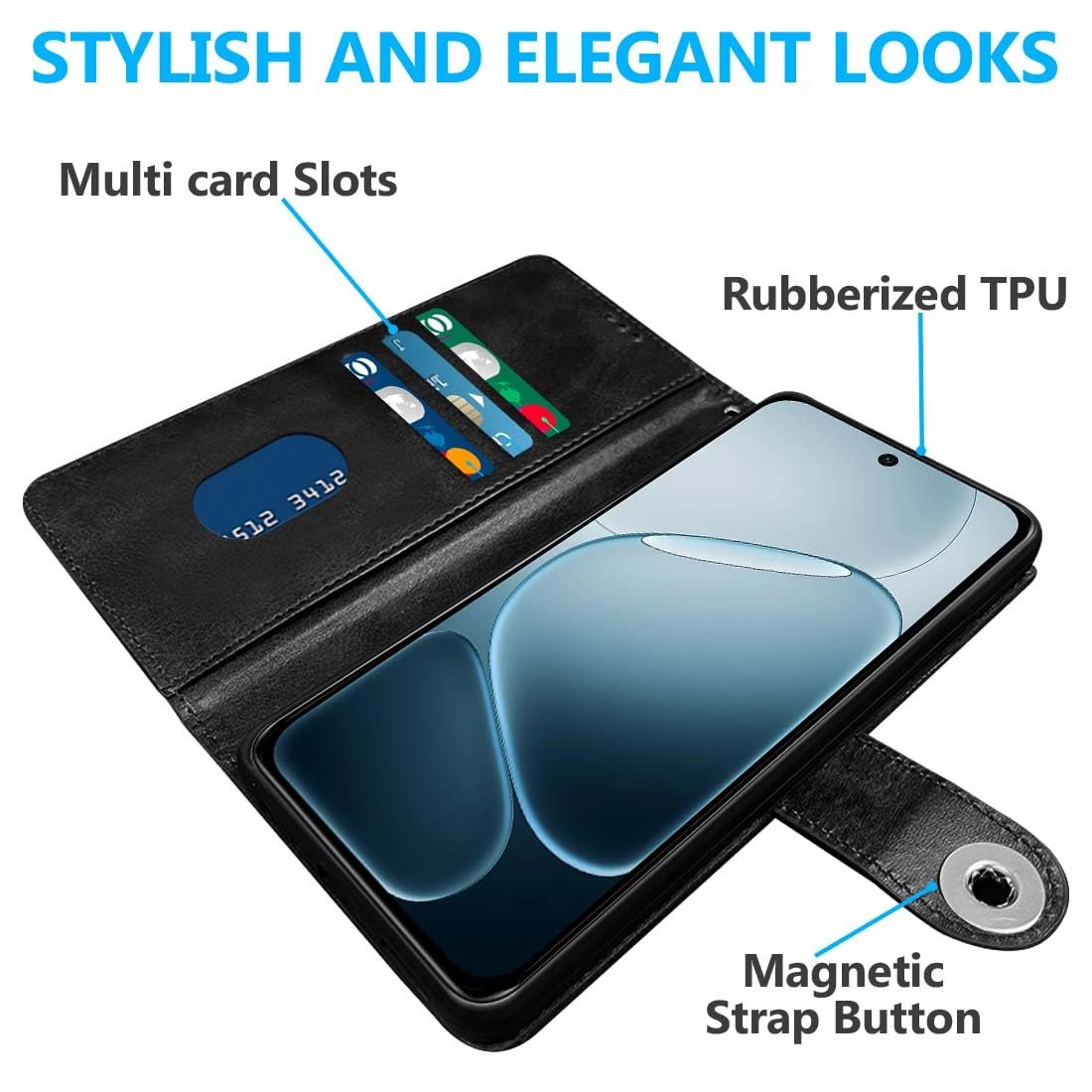 Fashionury Flip Back Case for Oppo F31 Pro 5G | Genuine Leather Finish | Designer Button | Inbuilt Pockets & Stand | Flip Cover Back Case for Oppo F31 Pro 5G (Black) - Image 3