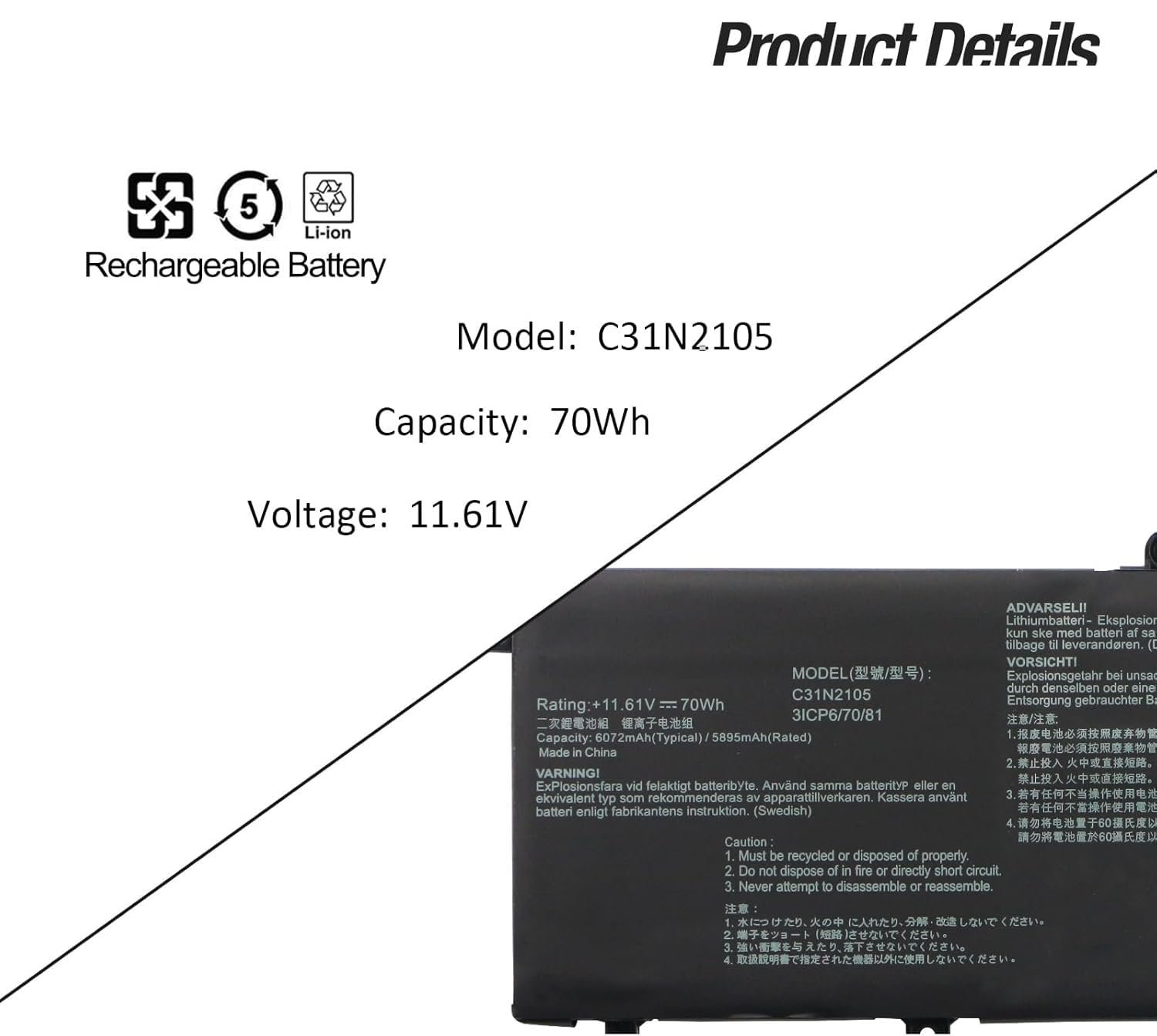 WeFly C31N2105 Laptop Battery Replacement for Asus Vivobook M3402QA K3402ZA M3402RA M5402RA K3502Z S5600F S4600F Series Notebook 0B200-04140000 11.61V 70Wh 5895mAh - Image 2