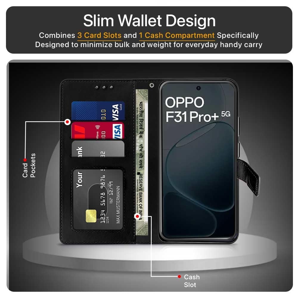 WOW IMAGINE Shock Proof Flip Cover Back Case Cover for Oppo F31 Pro Plus 5G (Flexible | Leather Finish | Card Pockets Wallet & Stand | Black) - Image 3
