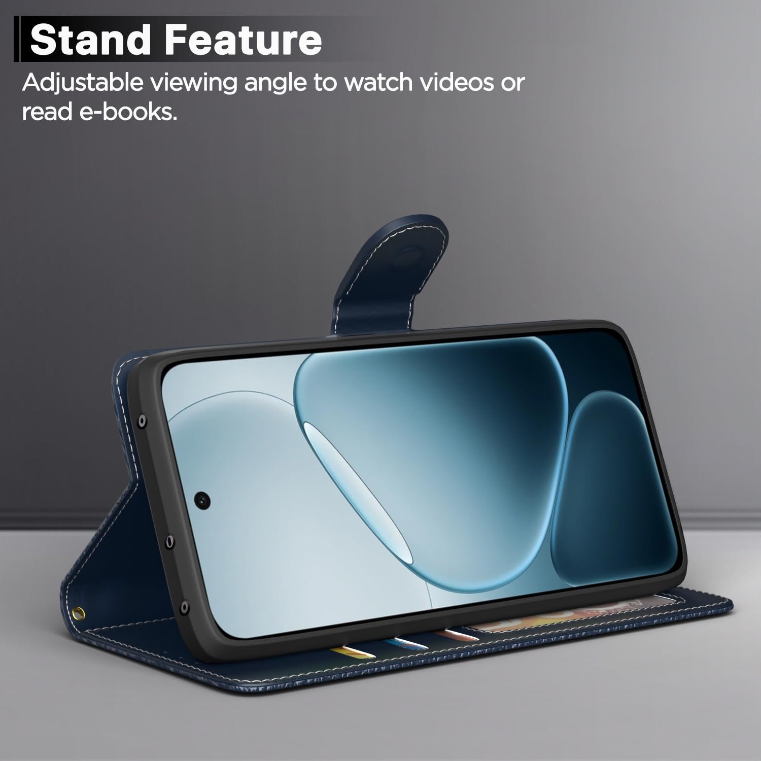 Pikkme Flip Cover for Oppo F31 Pro Plus 5G | Leather Finish | Wallet Stand and Shock Proof | Complete Protection Flip Case (Blue) - Image 3