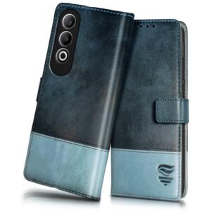 FLIPPED Vegan Leather Flip Case Back Cover for 1+ OnePlus Nord CE 4 5G (Flexible, Shock Proof | Hand Stitched Leather Finish | Card Pockets Wallet & Stand | Blue with Aquamarine)