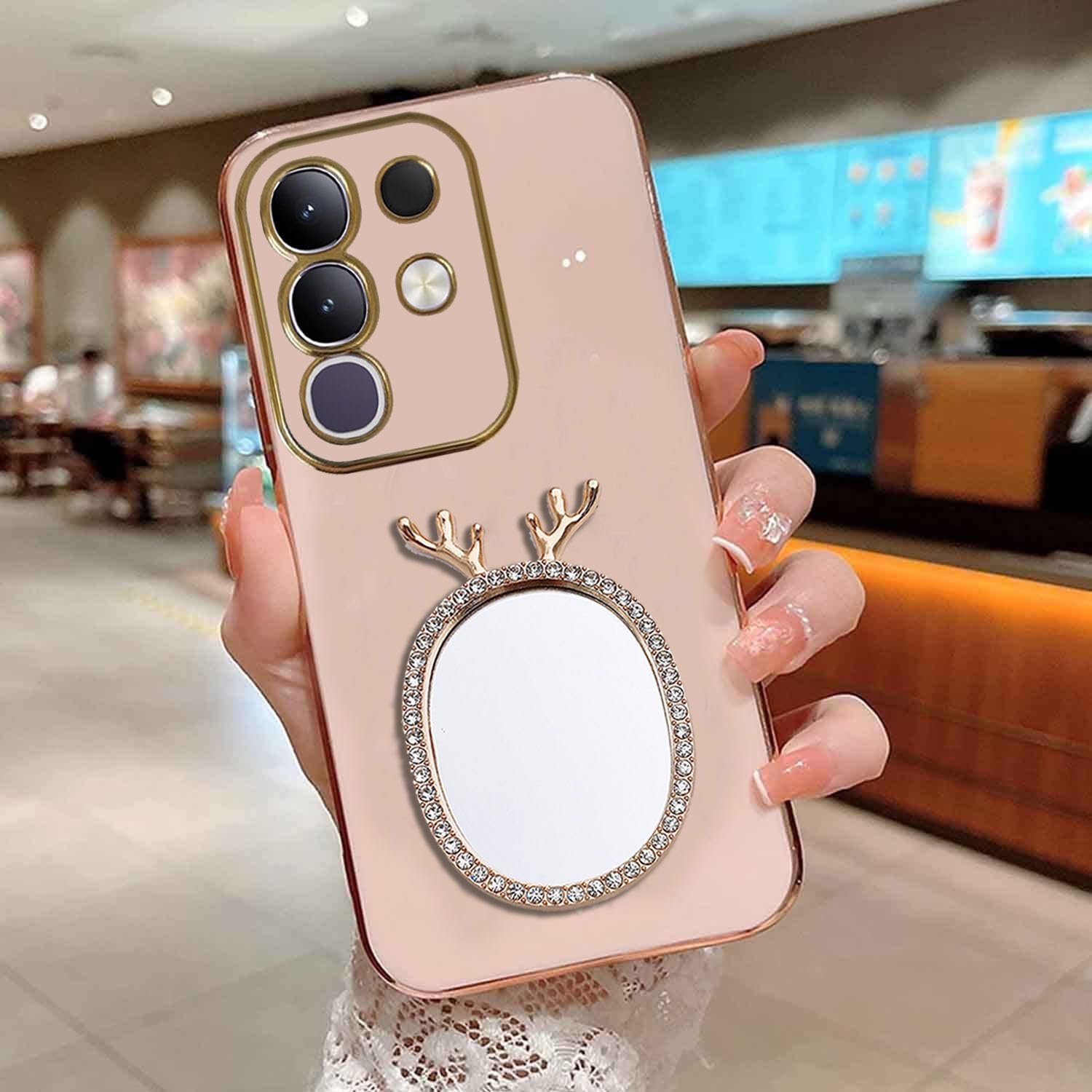 KC Back Cover for Vivo T4x 5G / iQOO Z10x 5G - Round Deer Mirror Electroplated Soft Silicone Camera Protection Case - Pink