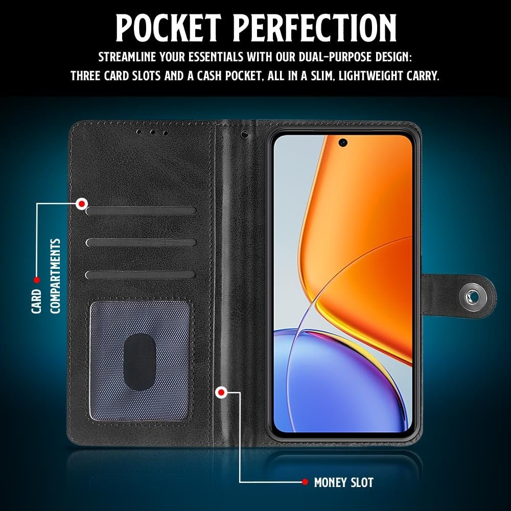 WOW IMAGINE Shock Proof Flip Cover Back Case for Vivo T4x 5G | iQoo Z10x 5G | Vivo Y31 Pro 5G (Magnetic Button Flip Case | Wallet Pockets & Stand | Leather Finish | Haze Black) - Image 3