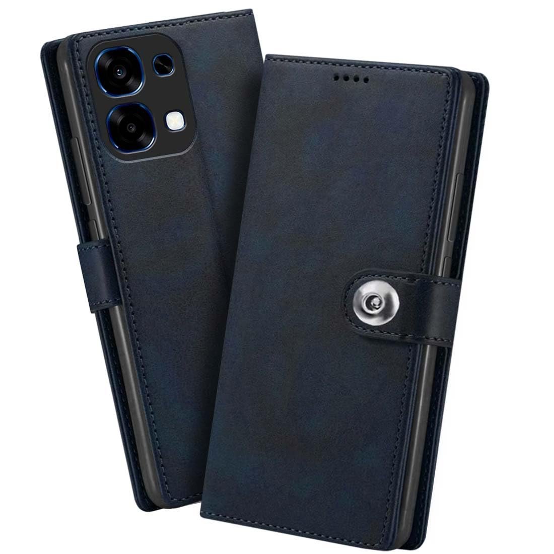 Fashionury Flip Back Case for Oppo F31 5G | Designer Button | Genuine Leather Finish | Inbuilt Pockets & Stand | Flip Cover Back Case for Oppo F31 5G (Blue)