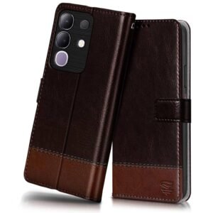 FLIPPED Vegan Leather Flip Case Back Cover for Vivo T4x 5G | iQoo Z10x 5G | Vivo Y31 Pro 5G (Flexible, Shock Proof | Hand Stitched Leather Finish | Card Pockets Wallet & Stand | Coffee with Brown)