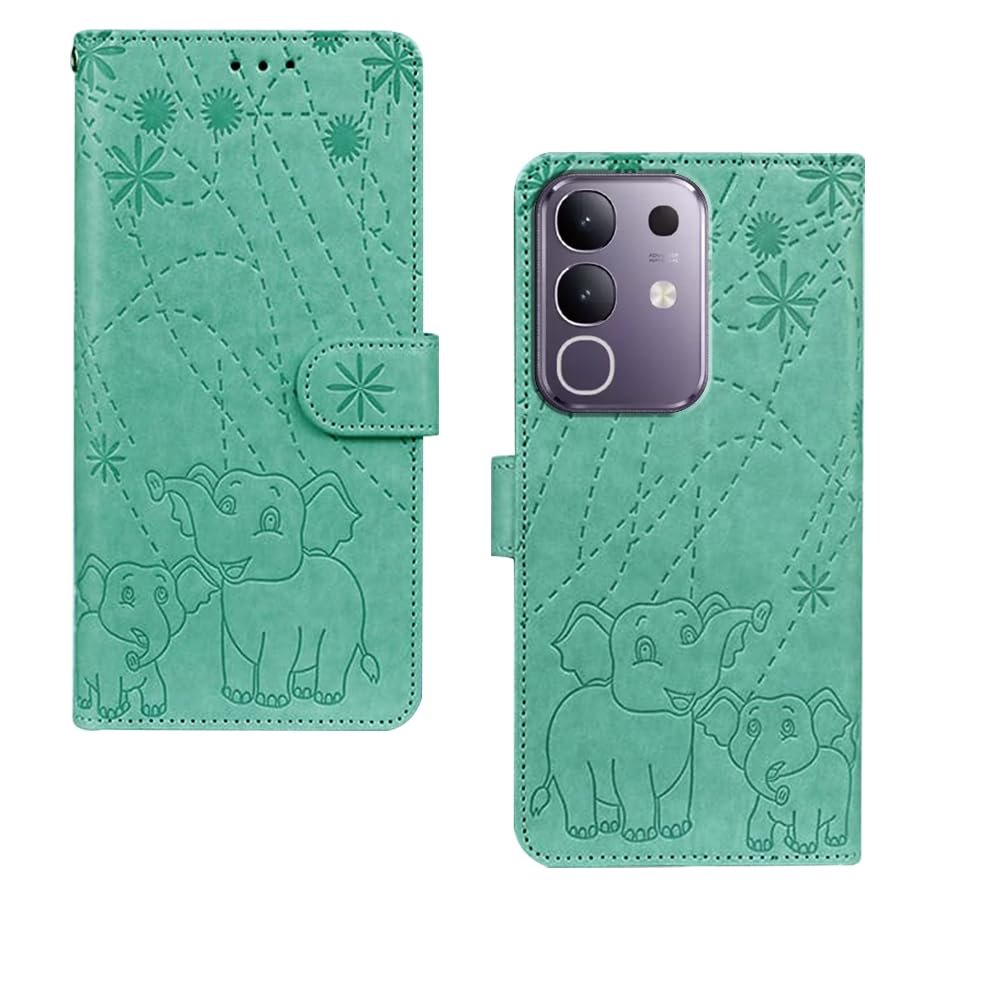amazon basics Vivo T4X 5G Flip Cover | Card Pockets Wallet & Stand | Flip Cover for Vivo T4X 5G (Green Elephant)