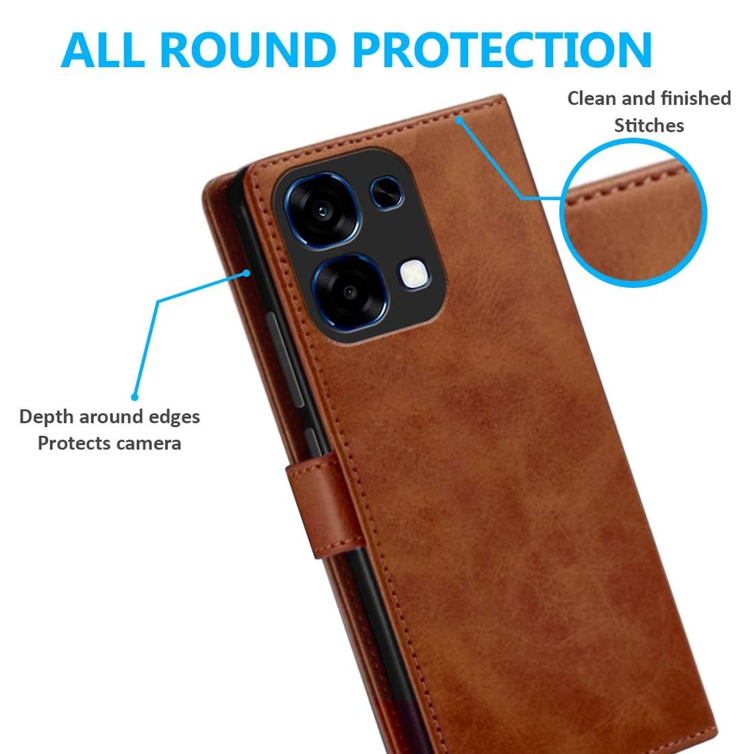 Flip Back Case for Oppo F31 5G | Genuine Leather Finish | Designer Button | Inbuilt Pockets & Stand | Flip Cover Back Case for Oppo F31 5G (Brown) - Image 4