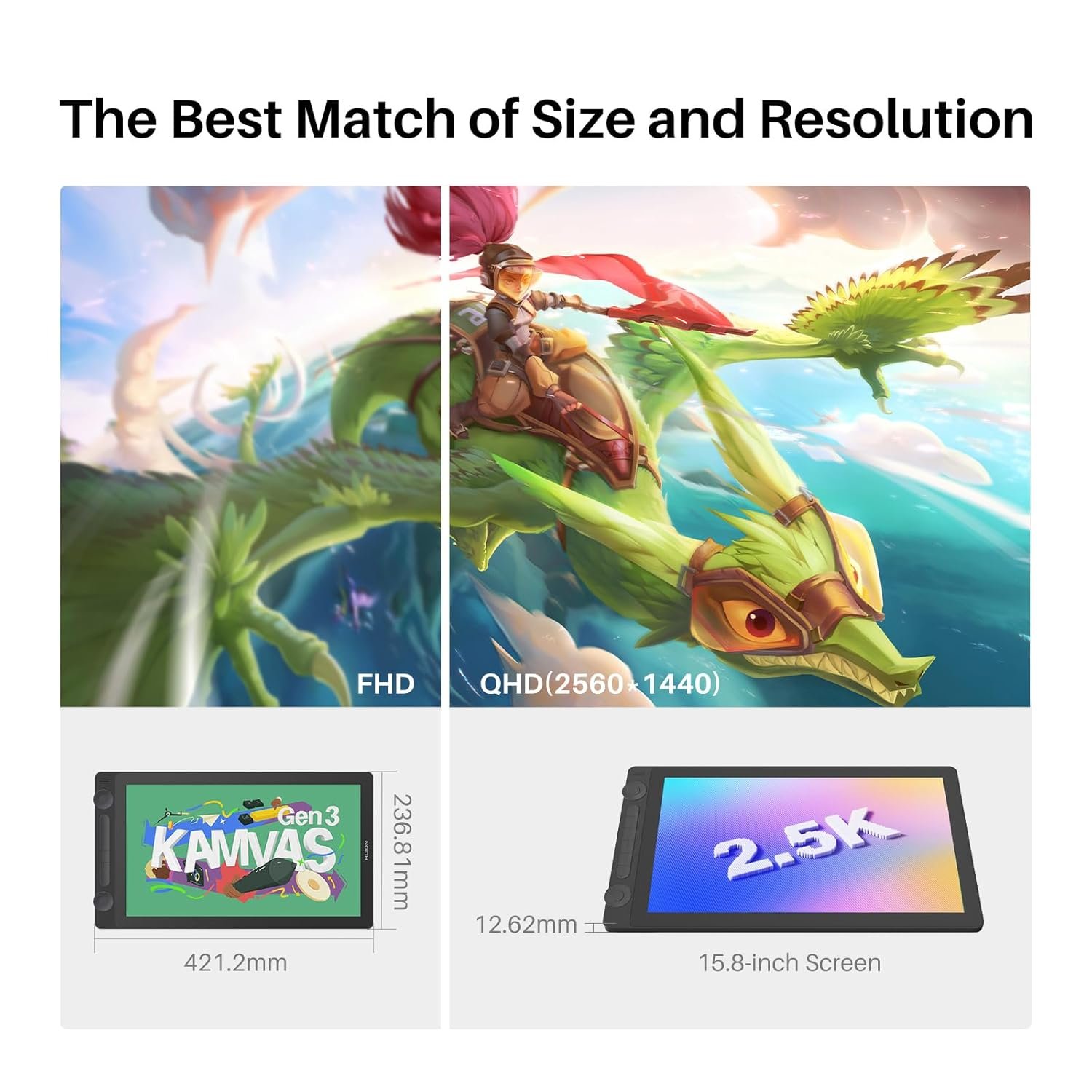 HUION KAMVAS 16 (Gen 3) Drawing Tablet with Screen, 15.8 inch 2.5K QHD Art Tablet with Full Laminated Anti-Sparkle Glass, 99% sRGB, PenTech 4.0, 16384 Pen Pressure, Dual Dials for Mac, PC, Android - Image 2