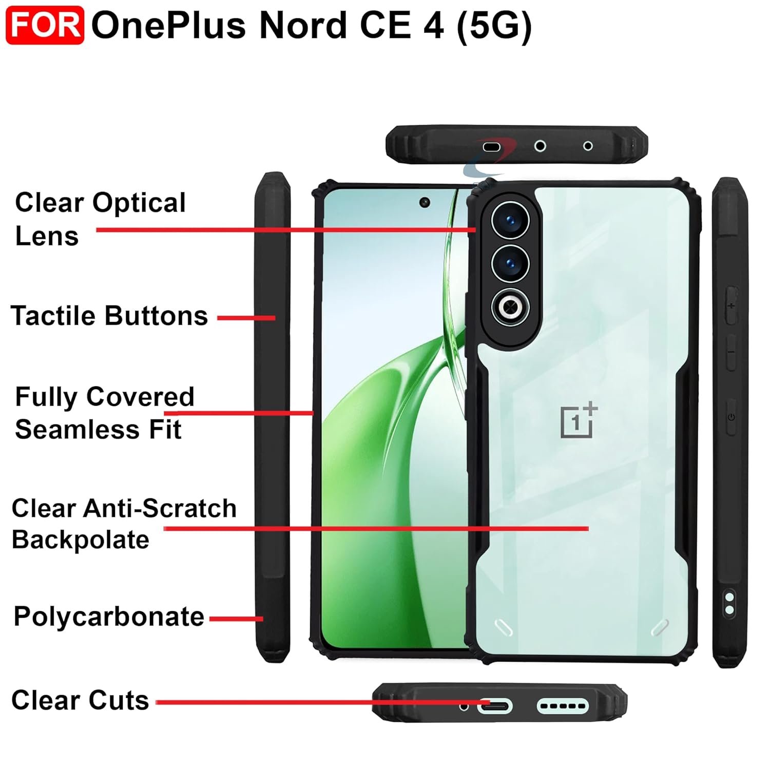 CEDO OnePlus Nord CE4 / CE 4 (5G) Back Case Cover | Camera Protection Shockproof Bumper-Edge | Acrylic Crystal Clear 360 Degree Protection TPU+PC | Transparent Eagle Back Case Cover (Black) - Image 5