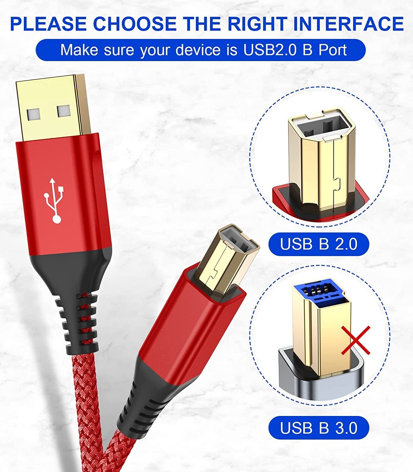 rts High Speed USB Printer Cable (2M 6.6 Feet) Nylon Braided USB 2.0 Printer Cable USB-A to USB-B Cable, Scanner Printer Cord for HP Canon Dell Epson Brother Lexmark Xerox Samsung Piano DAC & More-Red - Image 4