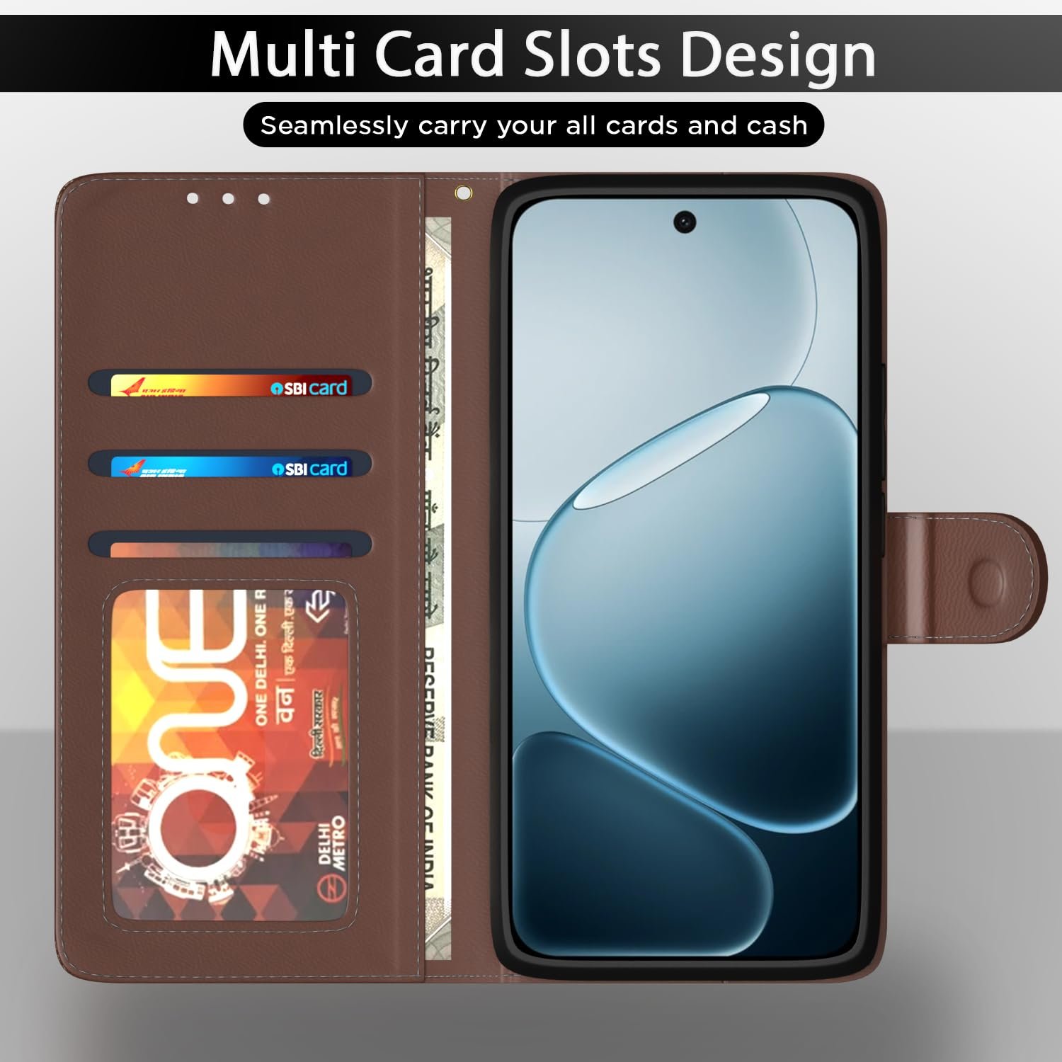 Pikkme Flip Cover for Oppo F31 5G | Leather Finish | Wallet Stand and Shock Proof | Complete Protection Flip Case (Tan) - Image 5