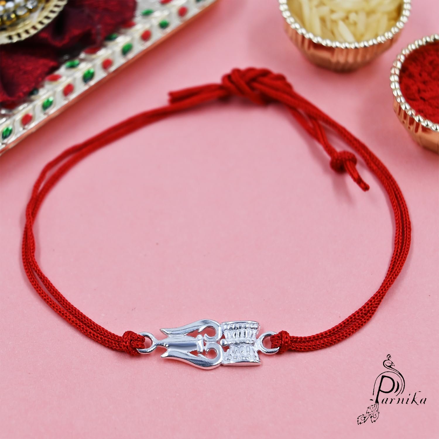 Parnika 925 Om Ganesha Rudraksha Infinity Bro Shiv Bhai Adjustable Silver Rakhi Bracelet For Brother in 92.5 Sterling Silver for Boys and Men | Chandi ki Rakhi | Gift Box Roli Chawal - Image 2