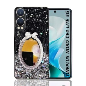 KC Back Cover for OnePlus Nord CE4 Lite 5G – Dry Fixed Non Moving Glitter with Round Mirror Shining Glitter Stars Soft Silicone Case with Camera Protection (Black)