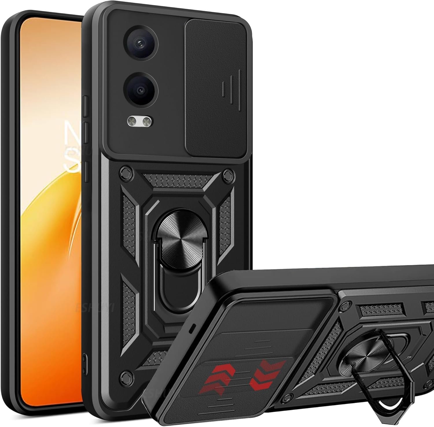 Scalebee Tough Armor OnePlus Nord CE 4 Lite 5G Bumper Back Case Cover | Ring Holder & Sliding Camera Shield Cover | 360 Degree Protection Back Case Cover for OnePlus Nord CE 4 Lite 5G (Black)